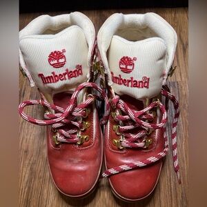 Women Timberland Euro Hiker Burgundy and Cream Hiking Boots.